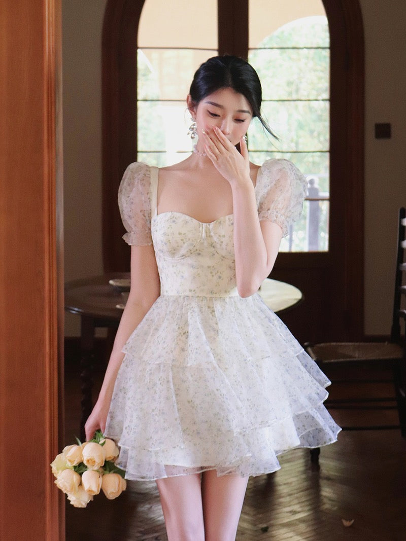 Thirteen and Little Floral Dress Female Summer Temperament Square Neck Short Puff Sleeve Princess Petit Skirt Cake Dress