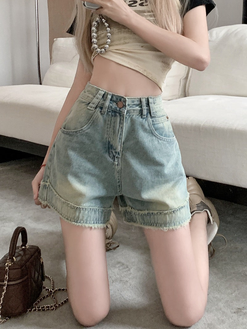 Kumikumi retro raw edge design denim shorts women's summer high waist slimming all-match wide-leg pants hot pants
