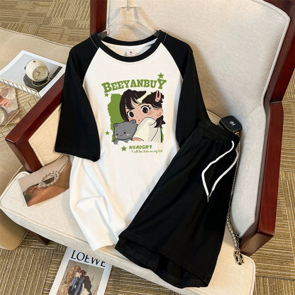 Color matching pure cotton short-sleeved casual suit women's summer outer wear ins trendy loose wide-leg pants all-match foreign style two-piece suit