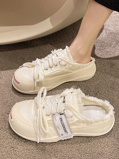 Baotou semi-slippers women's summer wear ins tide 2023 new opening smile canvas shoes thick-soled small white sandals and slippers