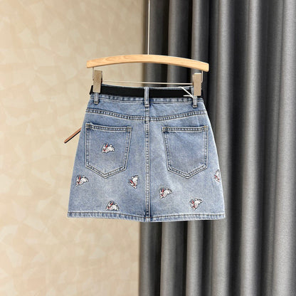 2023 New Rabbit Embroidery Denim Skirt Women's Summer All-match Age-Reducing Cotton High Waist A-line Bag Hip Skirt