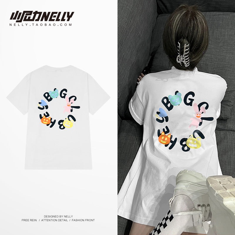Ins letter printing little monster short-sleeved t-shirt men and women 2023 summer new trendy brand cotton half-sleeved top sleeves