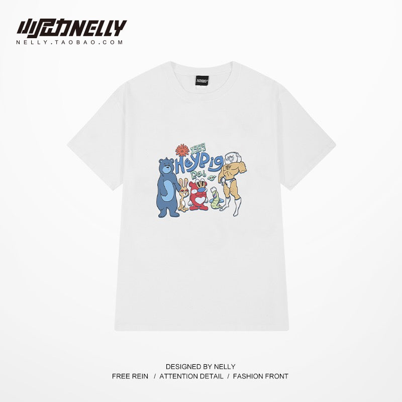 Ins tops for men and women 2023 new Korean version of cartoon printing loose T-shirt mid-length casual short-sleeved T-shirt half-sleeved