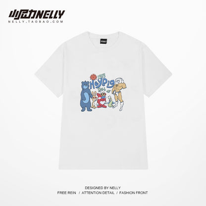 Ins tops for men and women 2023 new Korean version of cartoon printing loose T-shirt mid-length casual short-sleeved T-shirt half-sleeved