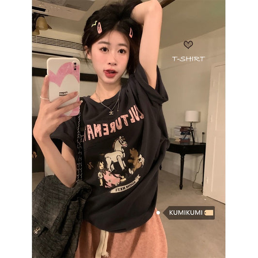 Niche retro bear inner short-sleeved T-shirt women's summer Hong Kong flavor chic loose and thin bottoming half-sleeved top