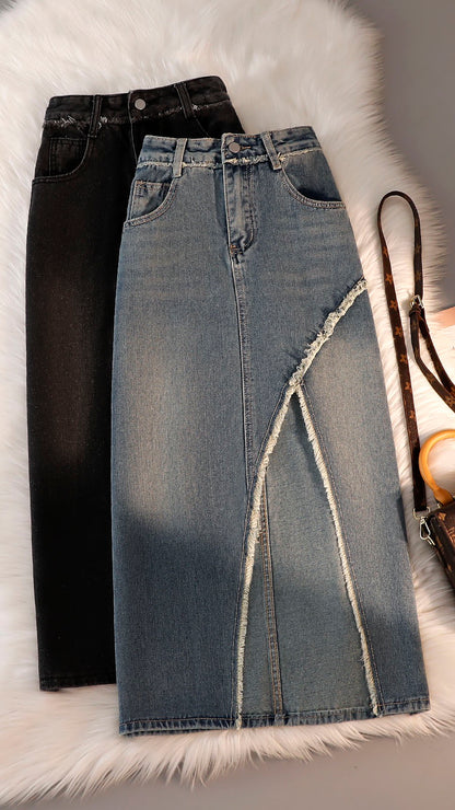 Retro high waist denim skirt women's skirt 2023 summer hip-covering and thin mid-length side slit a-line bag hip skirt