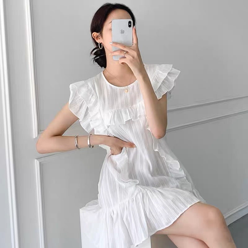 Korean chic summer French temperament round neck stitching ruffles loose flying sleeves small dress skirt