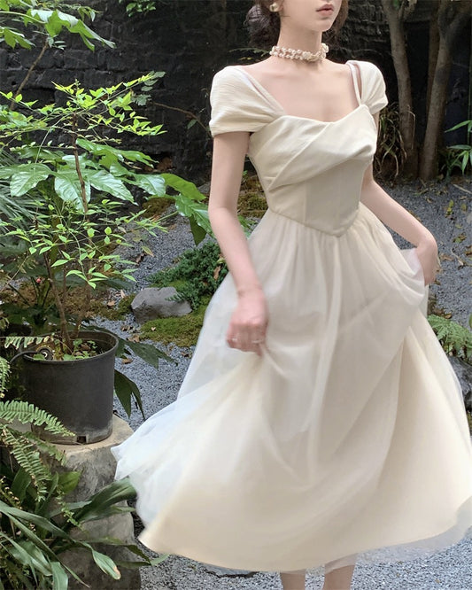 French tea break waist a-line dress fairy summer high-quality mesh dress super fairy fish bone dress skirt