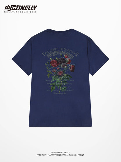 Dark rose print short-sleeved t-shirt male couple tide brand high street three-quarter sleeves summer American high-end clothes