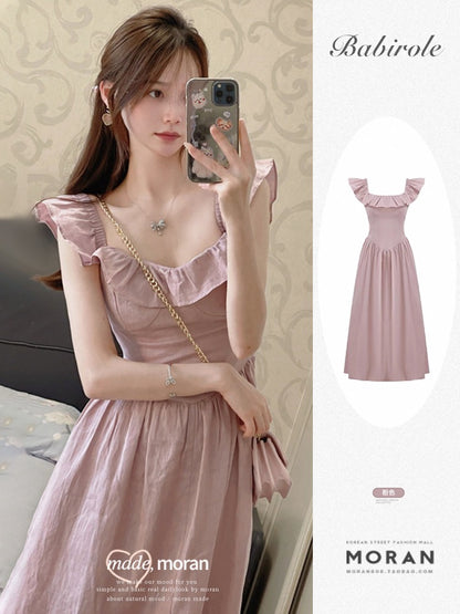 French-style small flying sleeve dress women's summer new waist slimming skirt gentle wind pink temperament long skirt goddess fan