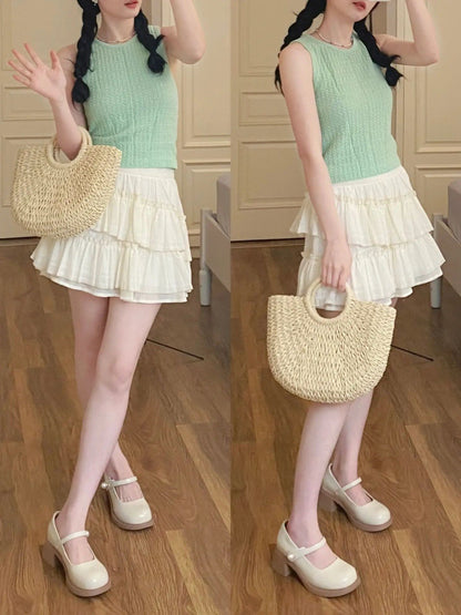 Internet celebrity 2023 fried street suit vest top skirt two-piece suit female summer small milk wear a complete set