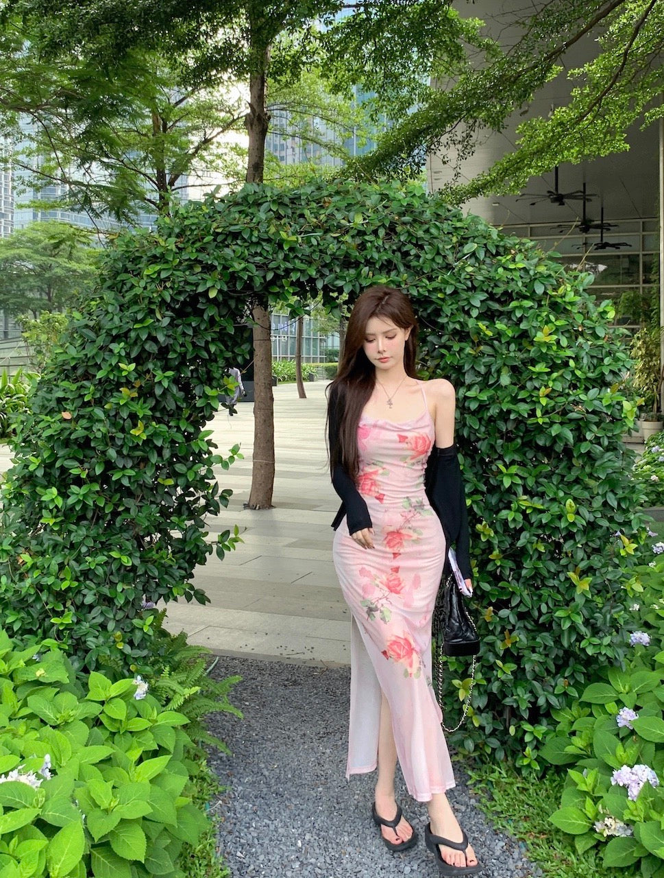 French floral sling dress female summer sweet hot girl retro skirt slit style sexy slim mid-length skirt