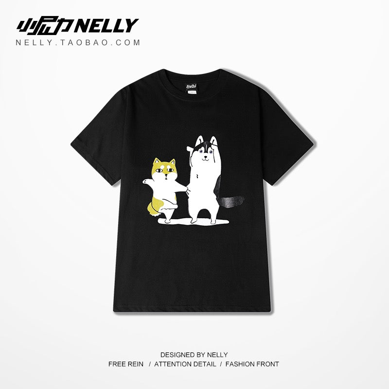 Korean ulzzang Harajuku cartoon male and female girlfriends Japanese couple printed T-shirt loose student short-sleeved tide