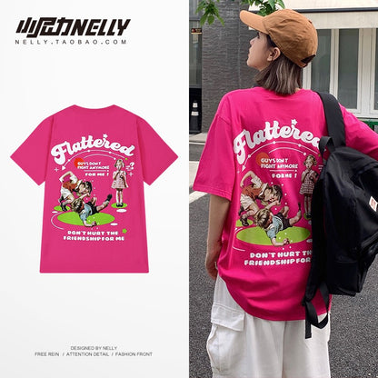 Short-sleeved men's trendy brand ins trend summer loose T-shirt couple outfit hip-hop half-sleeved t-shirt national tide top five-quarter sleeves