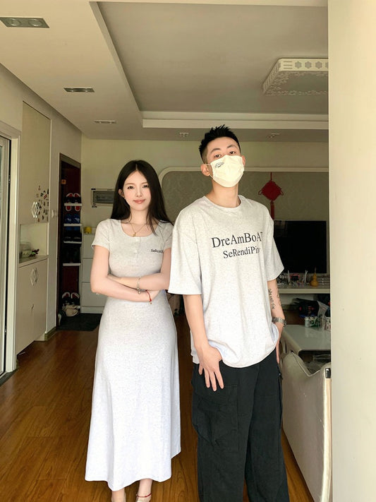Couple outfit 2023 new summer French square collar dress Korean style temperament short-sleeved T-shirt slim trendy loose