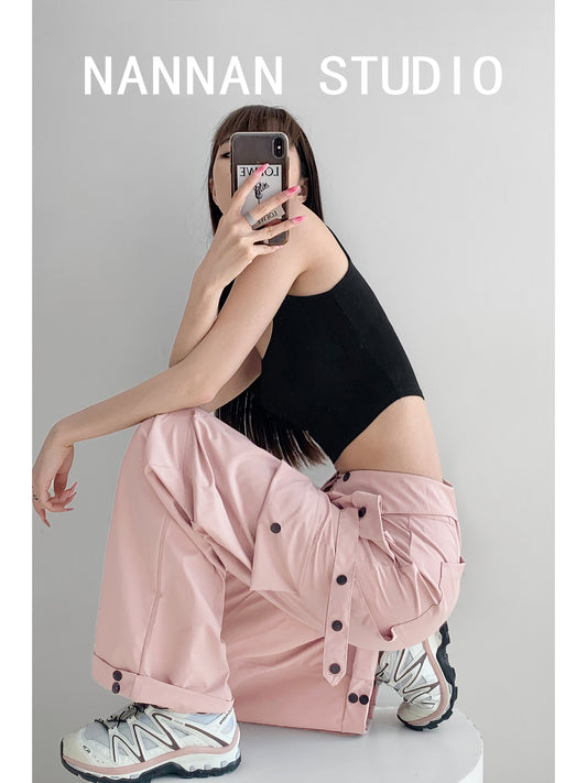 Galaxy sweetheart loose pink three-dimensional pocket wide-leg pants women's summer street flap waist design overalls