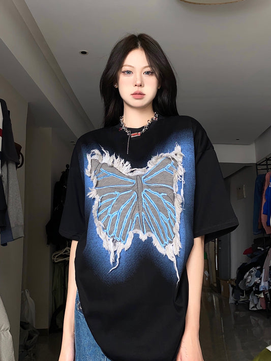 BabyStudios American Sweet Cool Tassel Butterfly Round Neck T-Shirt Summer 2023 Loose Short-sleeved Couple Tops