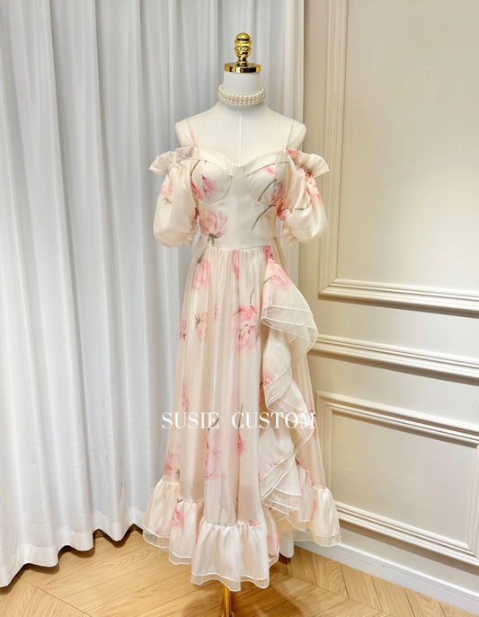 Princess fairy style with chest pad suspender strapless puff sleeve waist irregular ruffled print large swing dress
