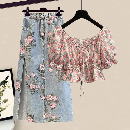 Salt series light cooked summer denim professional suit skirt women's new French sweet and spicy wind jacket lively and age-reducing two-piece suit