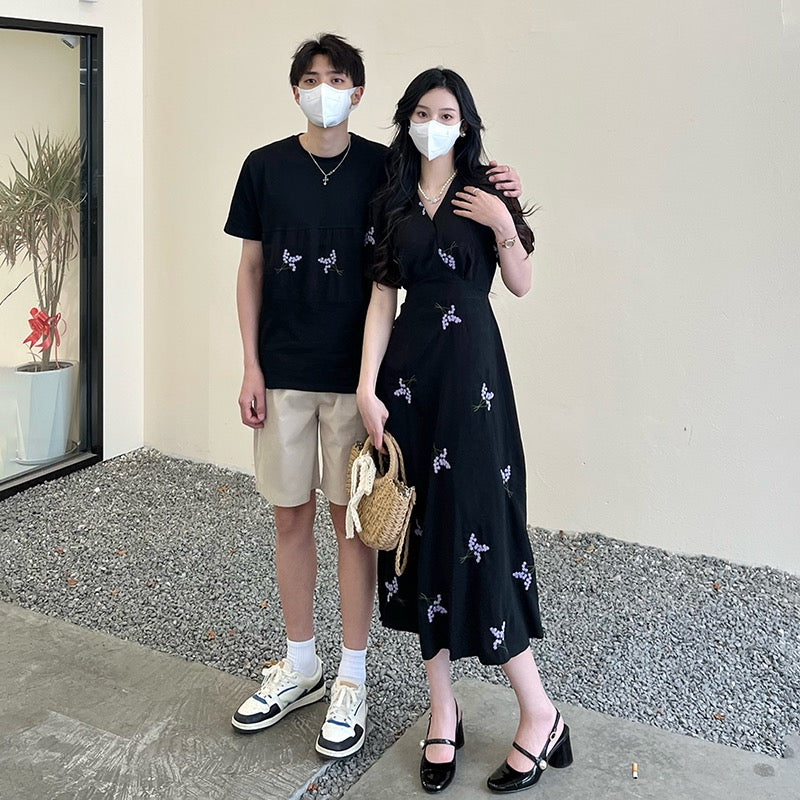 High-end couple wear summer short-sleeved T-shirt women's retro v-neck temperament flower embroidery dress one skirt one clothes tide