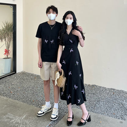 High-end couple wear summer short-sleeved T-shirt women's retro v-neck temperament flower embroidery dress one skirt one clothes tide