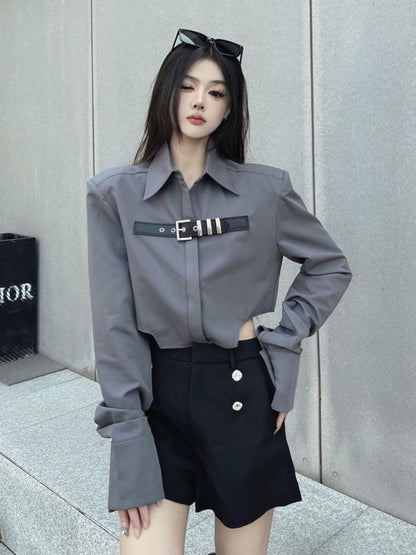 American hot girl short waist shirt women's spring design sense niche shirt coat chic top tide