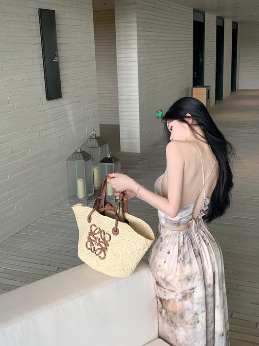Pure desire wind hanging neck suspender dress female summer 2023 new skirt backless seaside vacation sexy mid-length skirt