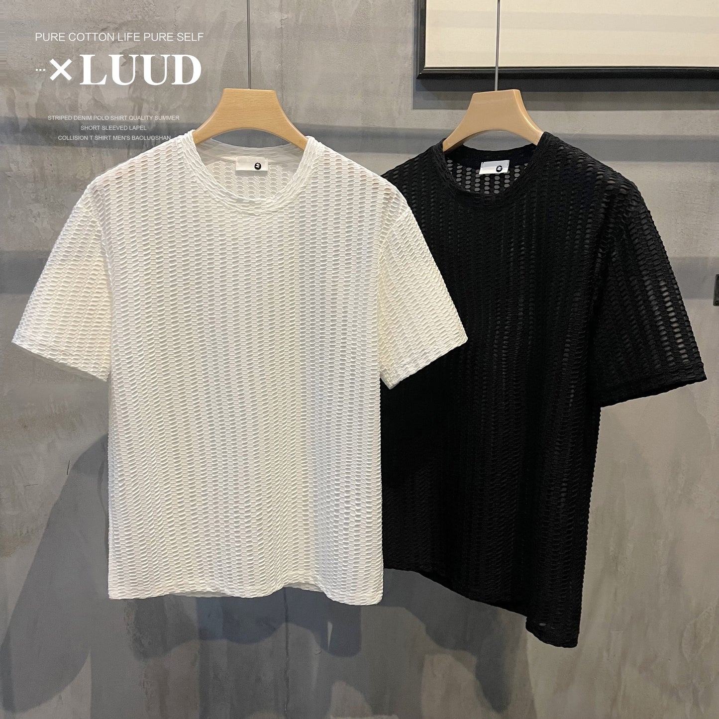 LUUD modern fashion hollow niche design solid color T-shirt simple breathable trendy men's round neck short-sleeved top