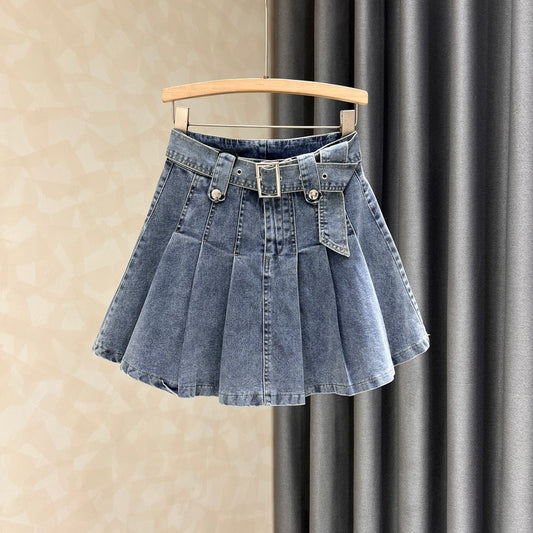 Blue denim skirt women's summer new fashion age reduction sweet all-match slim high waist pleated a-line skirt