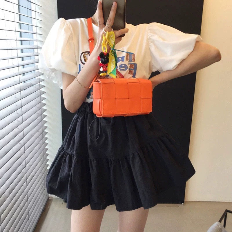 Korean chic summer playful age-reducing round neck cartoon letter lantern sleeve T-shirt + high waist drawstring fluffy skirt