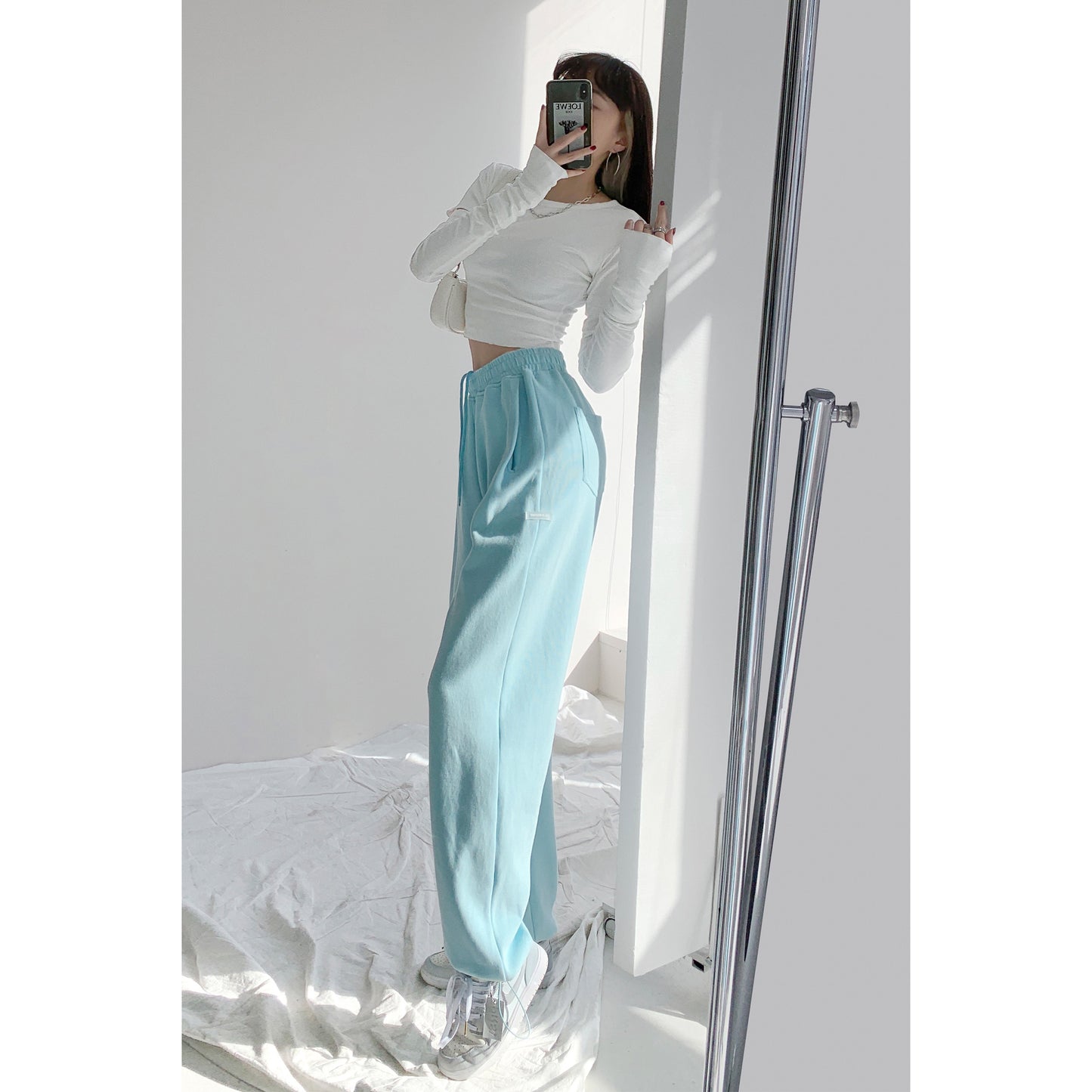 Homemade baby blue loose drawstring trousers 2023 spring and autumn new sports pants ins trendy casual straight leg trousers