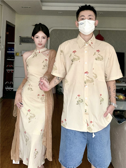 Niche design sense couple outfit summer Korean version short-sleeved shirt cheongsam women's dress French one skirt one clothing trendy brand