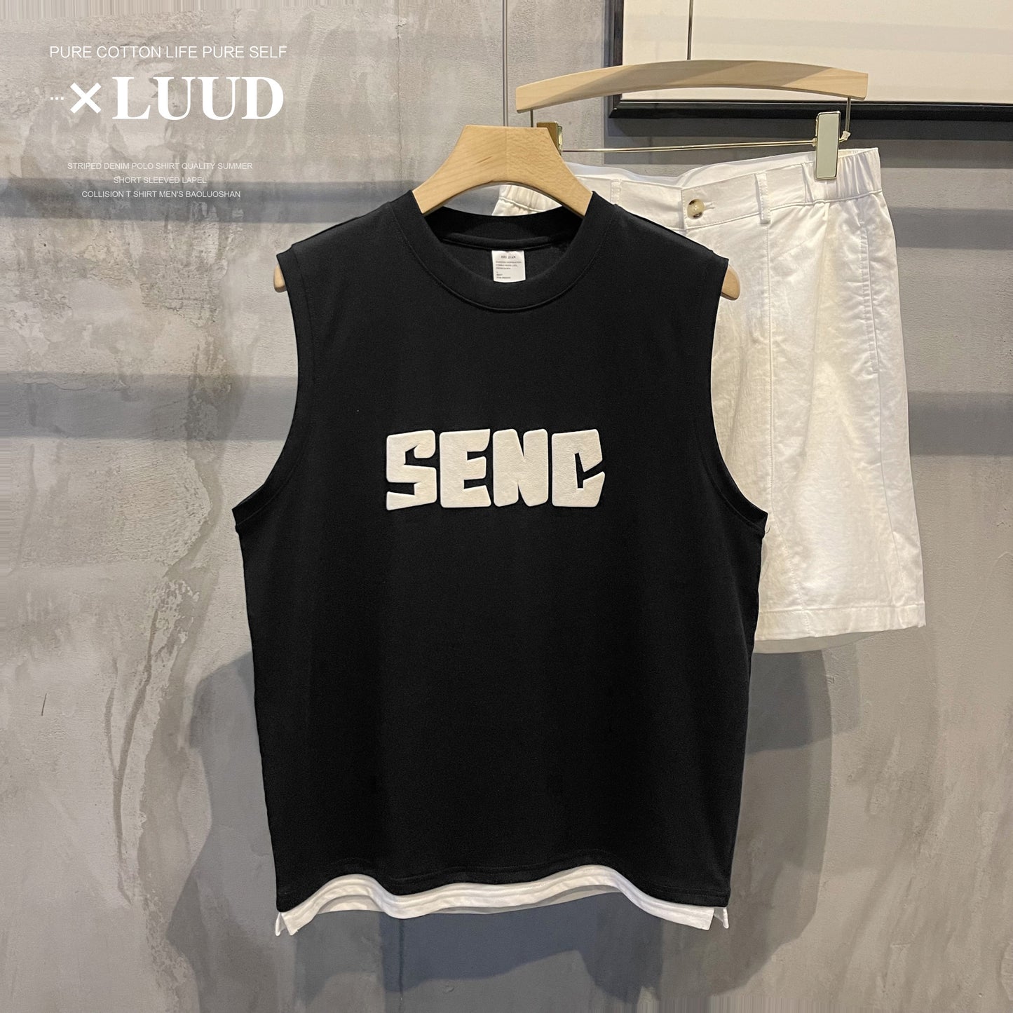 LUUD English sleeveless T-shirt men's micro-wide print vest sleeveless vest splicing fake two-piece bottoming top