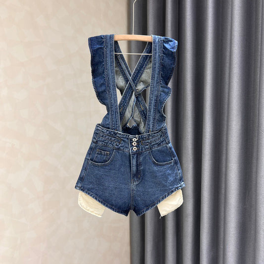 Blue denim shorts women's 2022 summer new design ruffled straps slim wide-leg pants tide