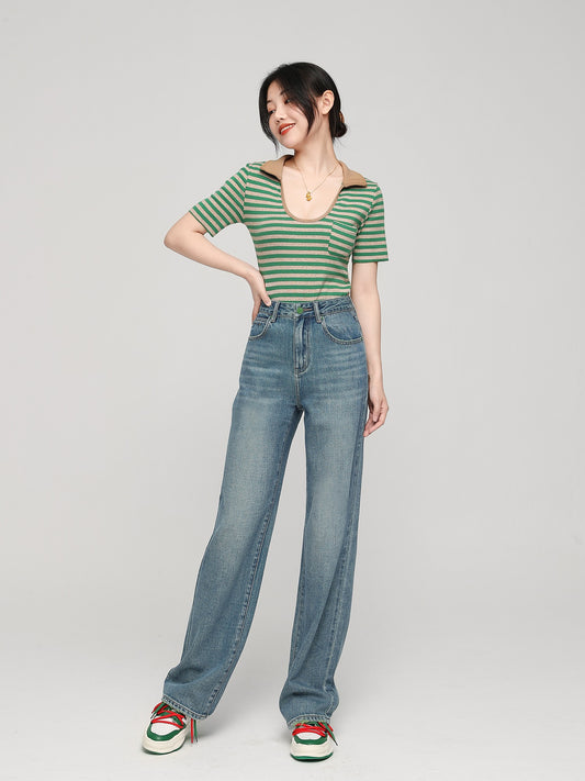 Wang Youshan high-waisted jeans women's spring and summer thin section loose drape 2023 floor mopping straight-leg pants wide-leg trousers