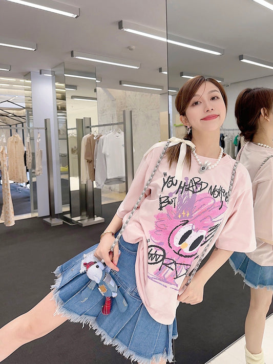 Thebestxue Korean version of light pink girl age reduction graffiti print short-sleeved T-shirt female 2023 summer new trend