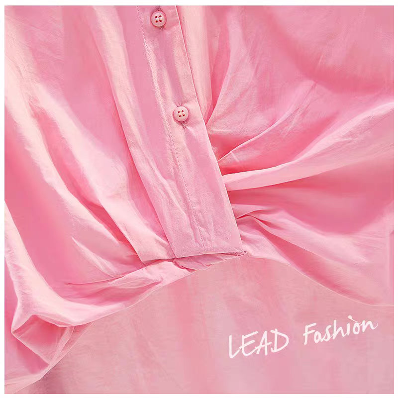 Rose red pleated pullover short-sleeved shirt women 2023 summer new Korean version single pocket casual literary shirt top