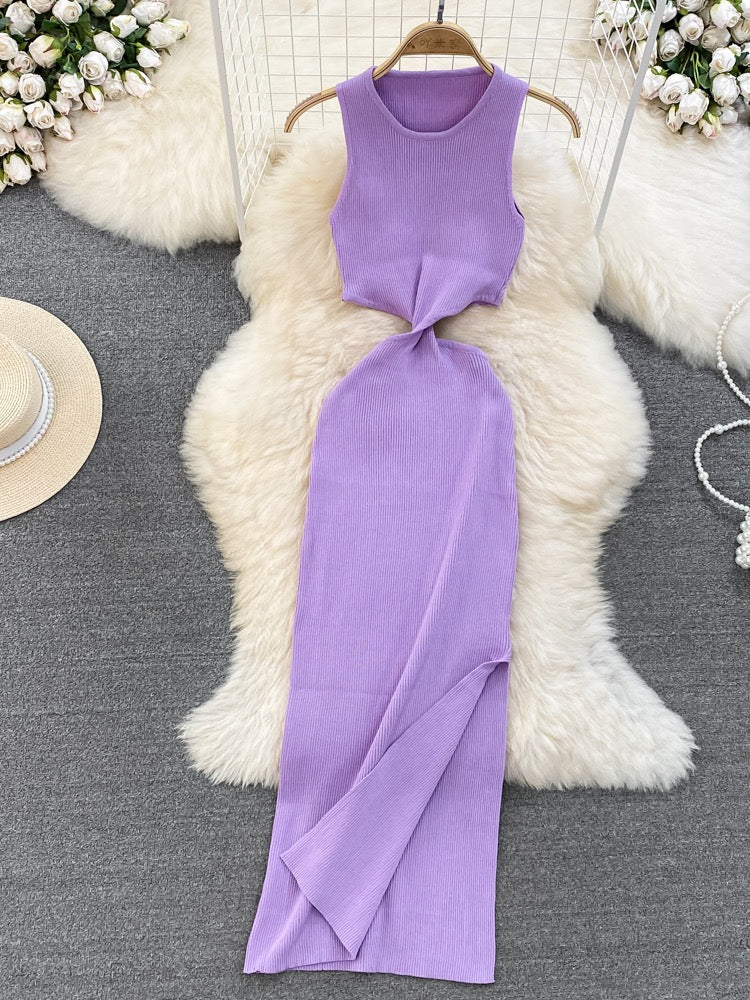 Summer Pure Desire Sweet and Spicy Round Neck Sleeveless Empty Waistless Waist Slim Mid-length Knitted Hip Dress Women