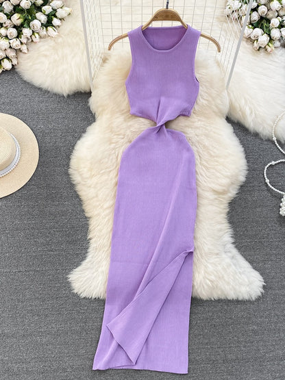 Summer Pure Desire Sweet and Spicy Round Neck Sleeveless Empty Waistless Waist Slim Mid-length Knitted Hip Dress Women