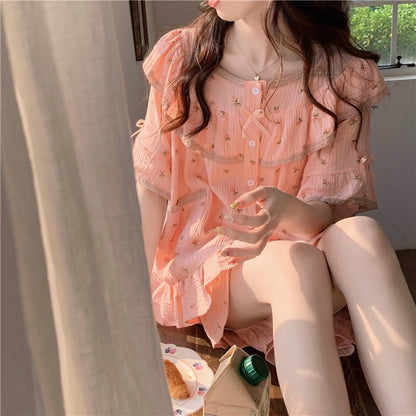Summer net red style lace floral short-sleeved shorts cotton pajamas women's summer small home service outerwear suit