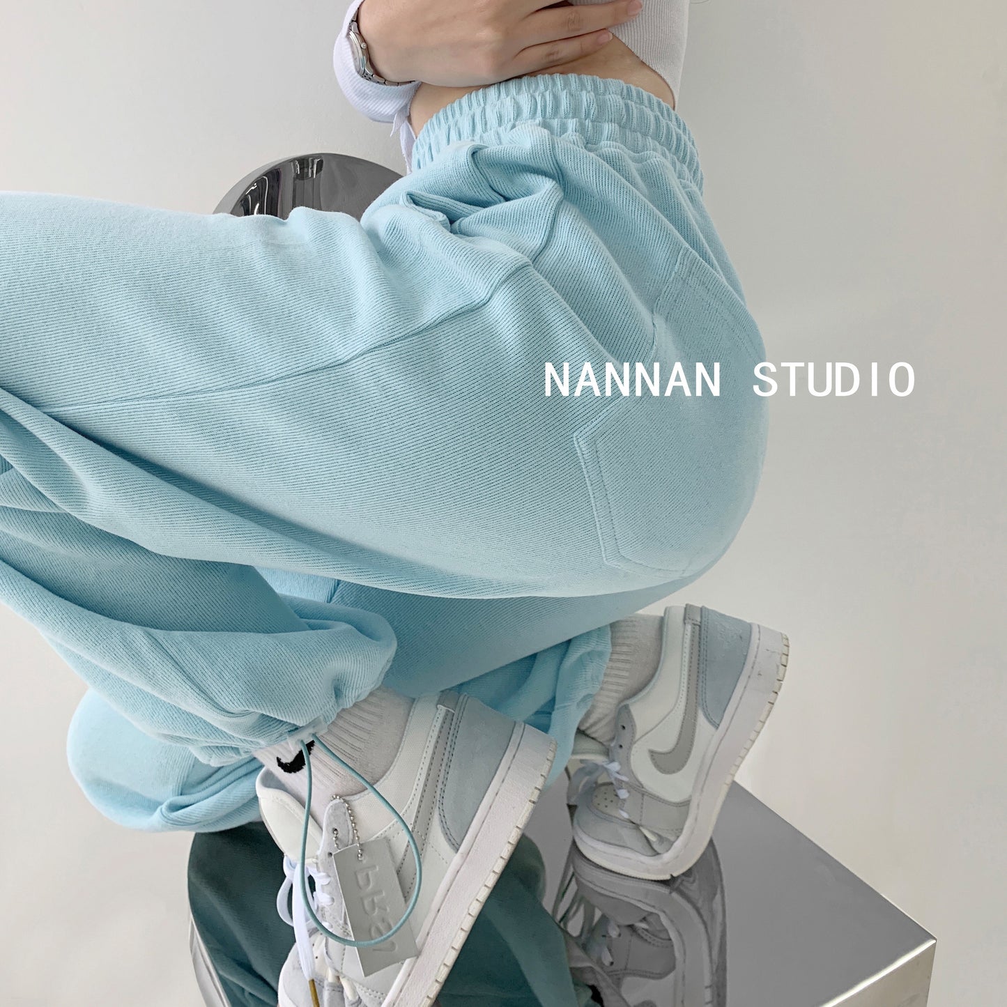 Spring and autumn baby blue sports pants women's high waist loose drawstring trousers casual slim straight leg pants trendy