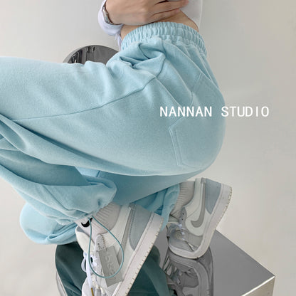 Spring and autumn baby blue sports pants women's high waist loose drawstring trousers casual slim straight leg pants trendy