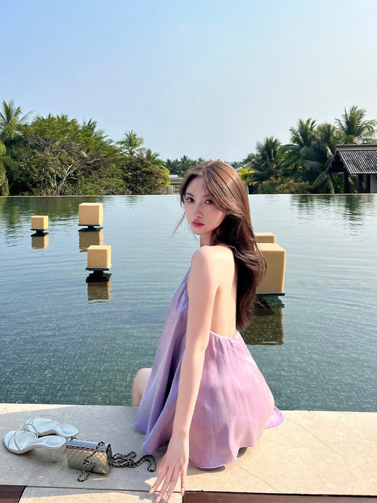 For Fay [A Midsummer Night's Dream] Lavender streamer purple high-quality sense V-neck halter neck halter top women