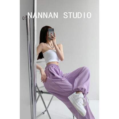 Hot girl blogger style loose sports pants women's spring and summer new slim drawstring leggings high waist casual straight leg pants