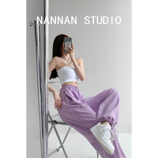 Hot girl blogger style loose sports pants women's spring and summer new slim drawstring leggings high waist casual straight leg pants