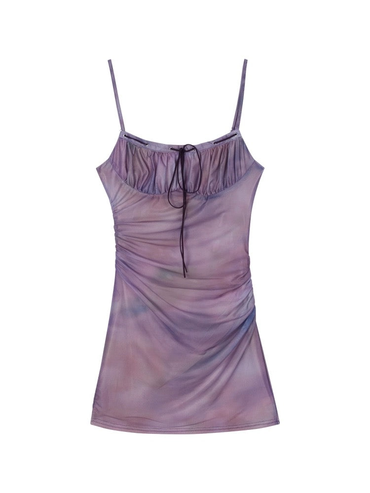 Sexy babes tie-dye sling dress women's summer net gauze waist tight tight pure desire purple package hip skirt skirt