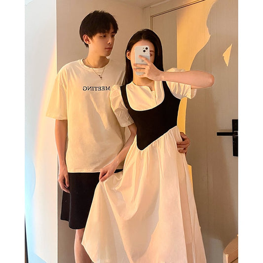 High-end couple wear summer dress 2023 new short-sleeved T-shirt female waist temperament dress long skirt one skirt one suit