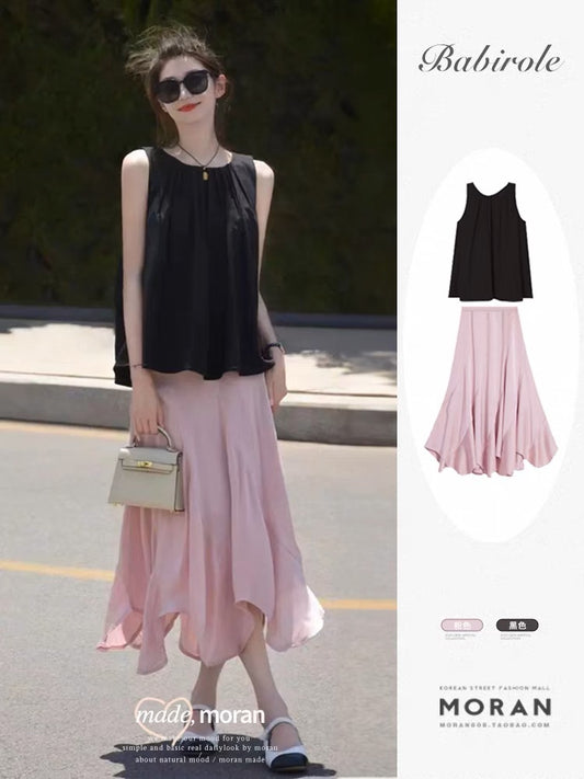 Temperament celebrity high-end suit skirt female summer black pleated sleeveless chiffon shirt jacket tea wear a complete set