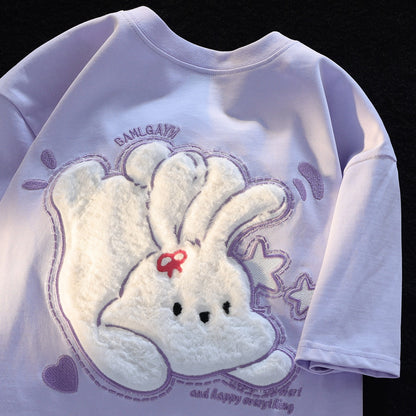 JWNEED plush bunny t-shirt men and women summer cute white 3D three-dimensional personality gentle couple short-sleeved