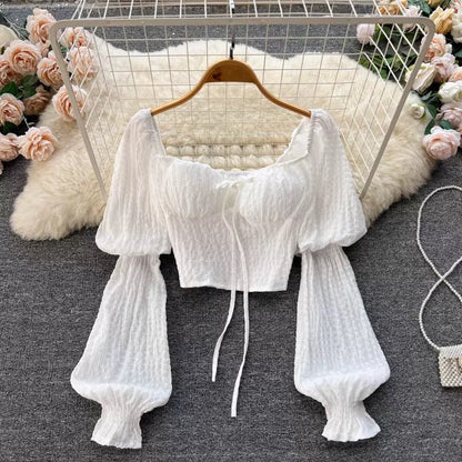 French design sense niche square collar white shirt jacket autumn women's tie puff sleeve shirt western style beautiful small shirt
